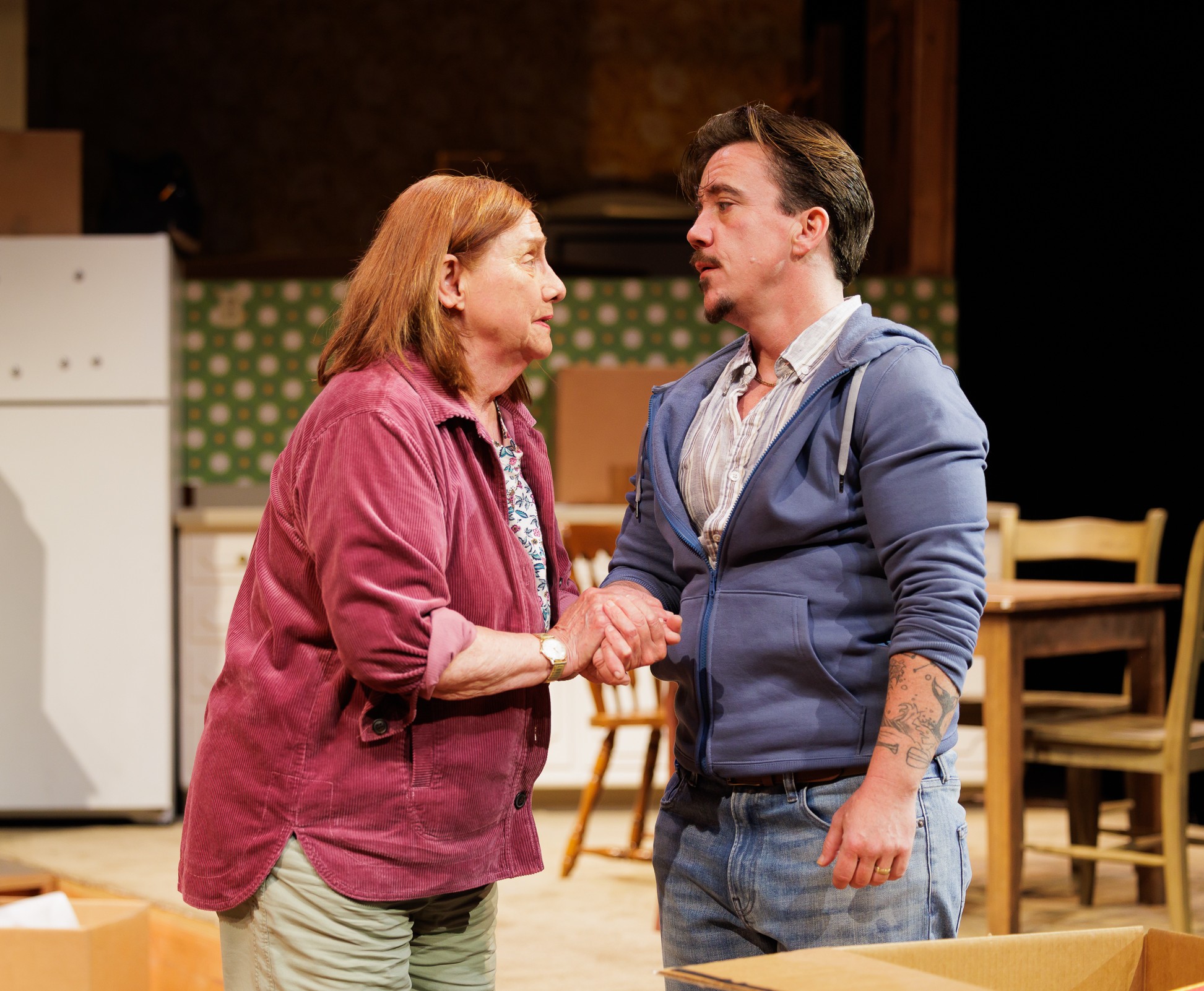 Dale Soules as “Dale” and Hennessy Winkler as “Ty” in La Jolla Playhouse’s world-premiere production of ALL THE MEN WHO’VE FRIGHTENED ME; photo by Rich Soublet II.