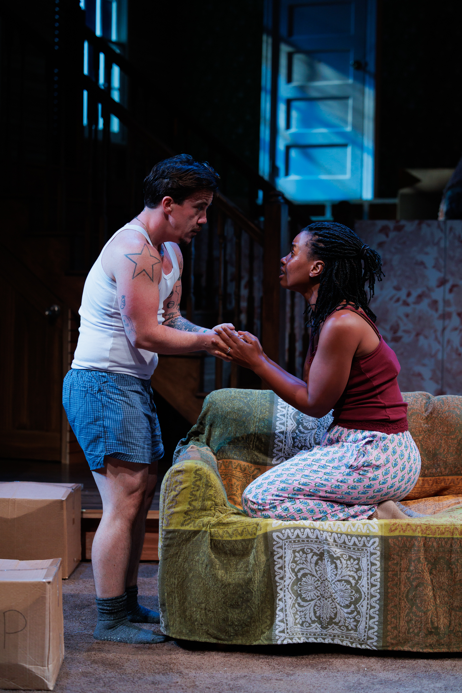 Hennessey Winkler as “Ty” and Kineta Kunutu as “Nora” in La Jolla Playhouse’s world-premiere production of ALL THE MEN WHO’VE FRIGHTENED ME; photo by Rich Soublet II.