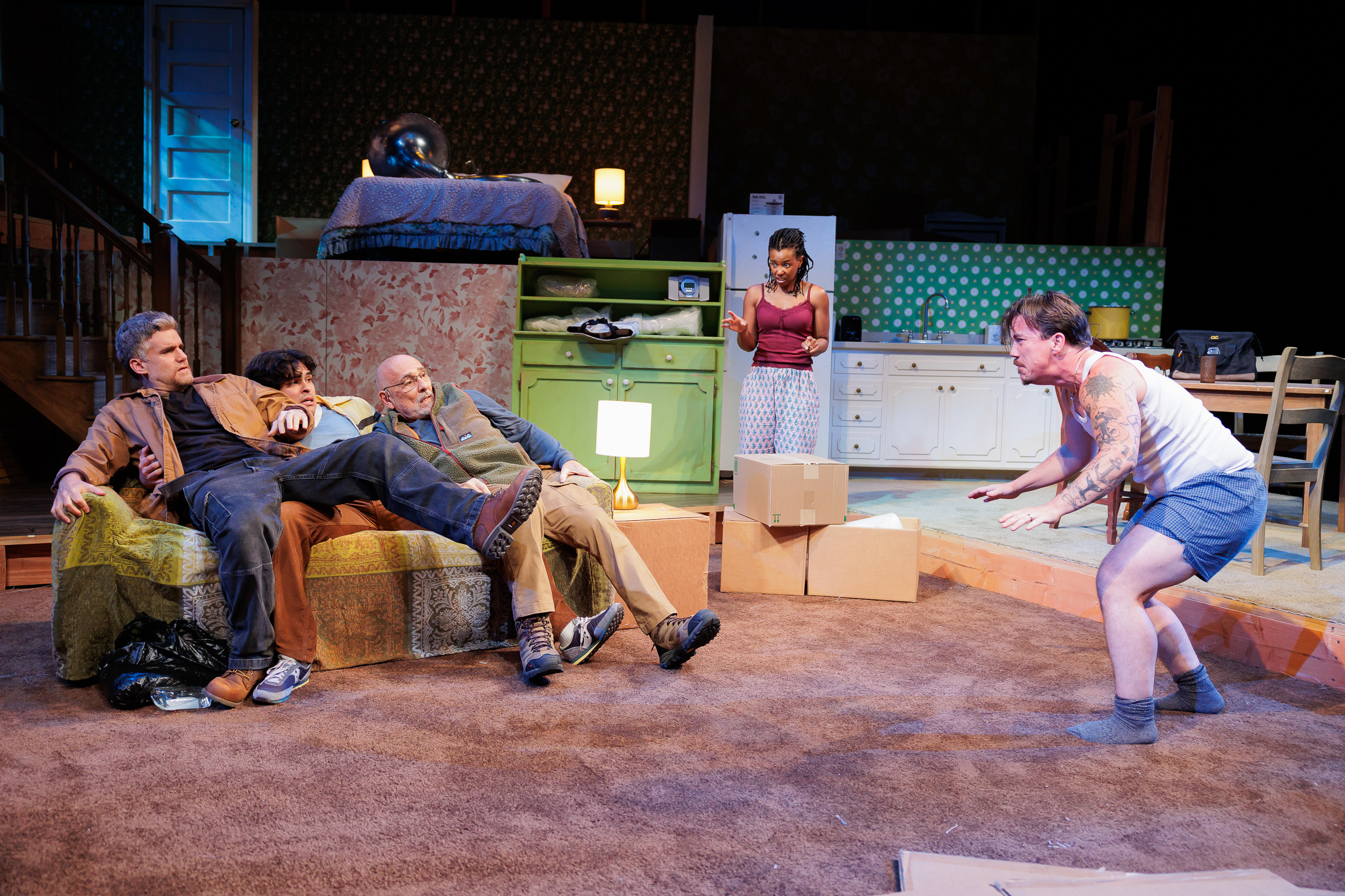 (L-R) Armando Riesco, Leonardo Romero, John Padilla, Kineta Kunutu and Hennessy Winkler in La Jolla Playhouse’s world-premiere production of ALL THE MEN WHO’VE FRIGHTENED ME; photo by Rich Soublet II.