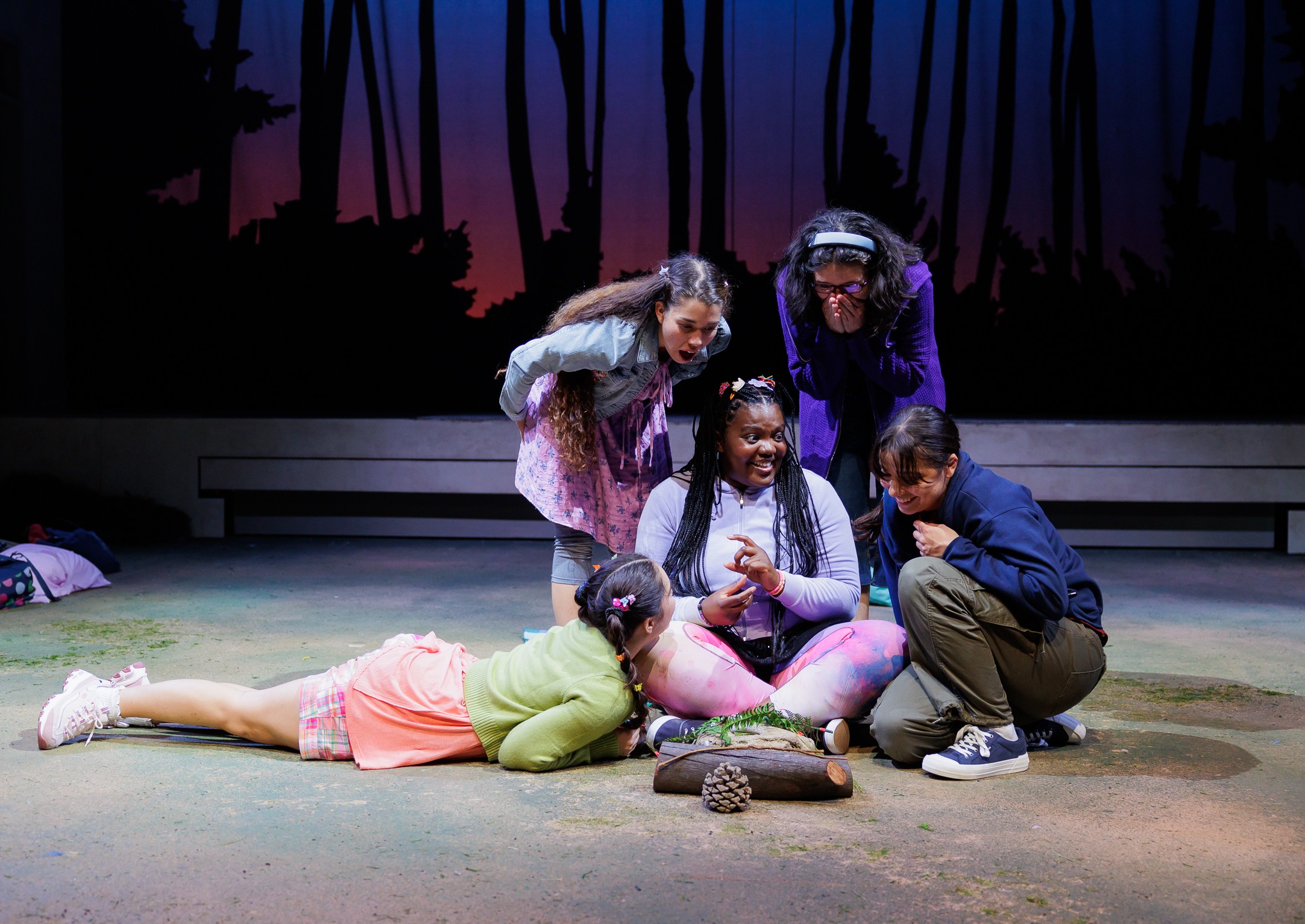 (Clockwise from center) Clarissa Vickerie, Serenity Mariana, Anissa Marie Griego, Haley Wong and Rebecca Jimenez in La Jolla Playhouse’s world-premiere production of Indian Princesses; photo by Rich Soublet II.