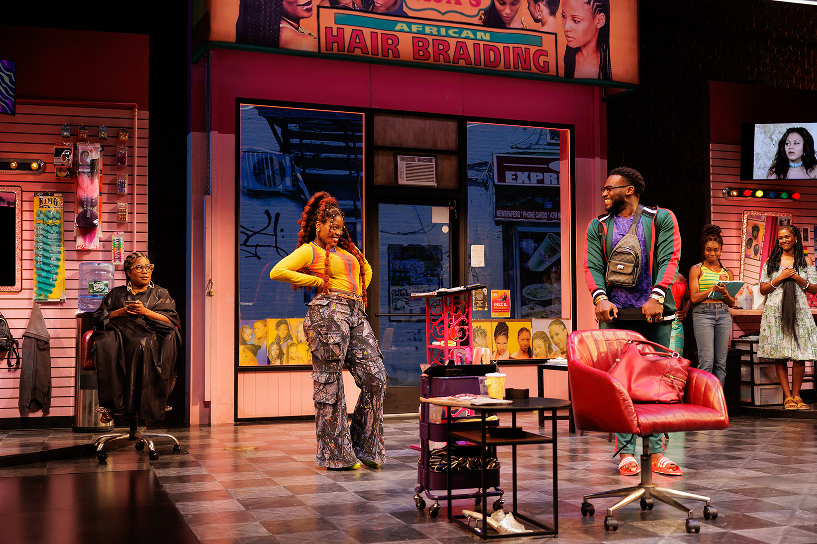 (L-R) Melanie Brezill, Aisha Sougou, Onye Eme-Akwari, Jordan Rice and Bisserat Tseggai in La Jolla Playhouse’s production of JAJA’S AFRICAN HAIR BRAIDING; photo by Rich Soublet II.