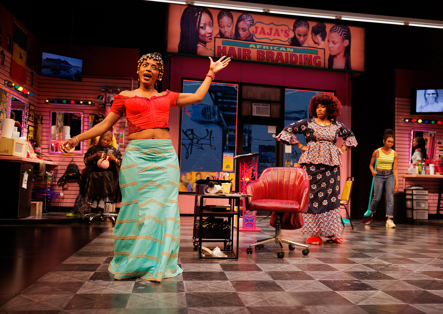 (L-R) Melanie Brezill, Tiffany Renee Johnson, Claudia Logan and Jordan Rice in La Jolla Playhouse’s production of JAJA’S AFRICAN HAIR BRAIDING; photo by Rich Soublet II.