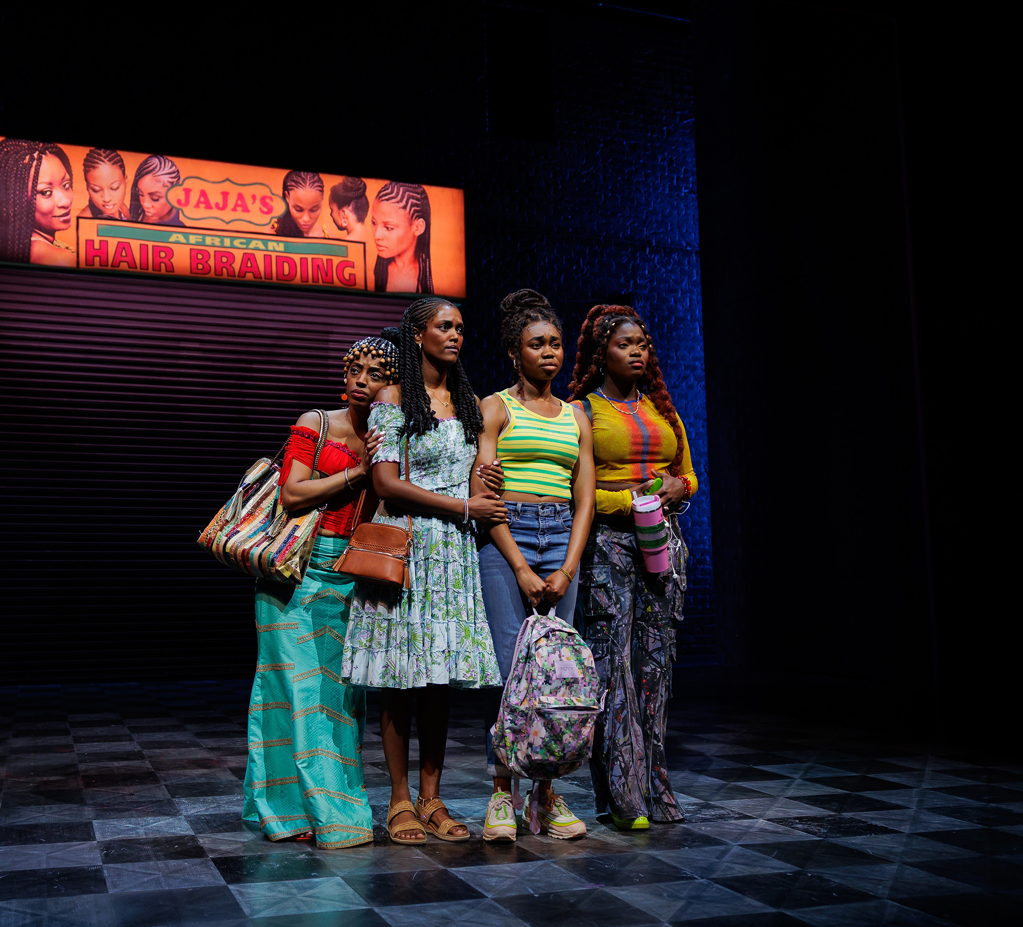 (L-R) Tiffany Renee Johnson, Bisserat Tseggai, Jordan Rice and Aisha Sougou in La Jolla Playhouse’s production of JAJA’S AFRICAN HAIR BRAIDING; photo by Rich Soublet II.