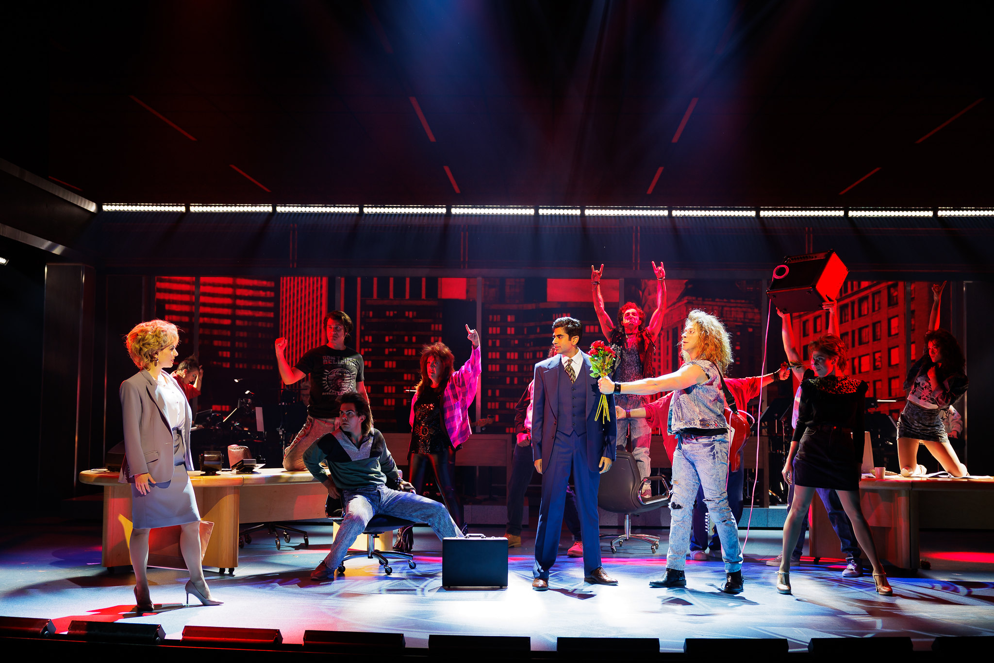 (L-R) Joanna “JoJo” Levesque, Anoop Desai and Joey Taranto with cast members in WORKING GIRL; photo by Rich Soublet II.